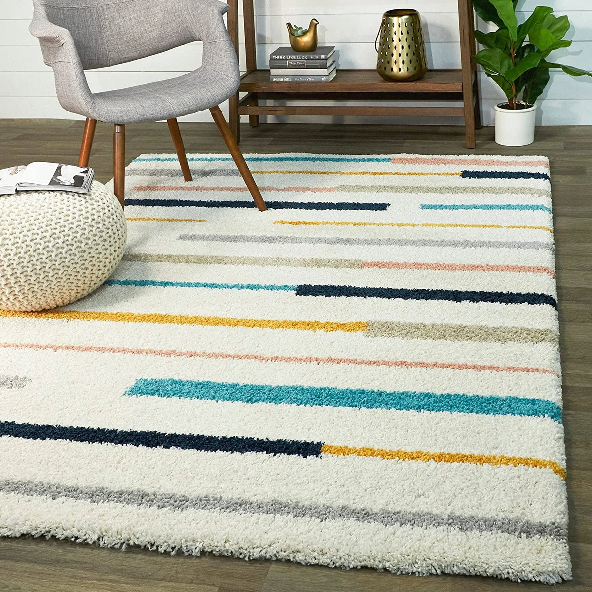 Retro Ivory Multi Modern Plush Shag Rug - Image 2