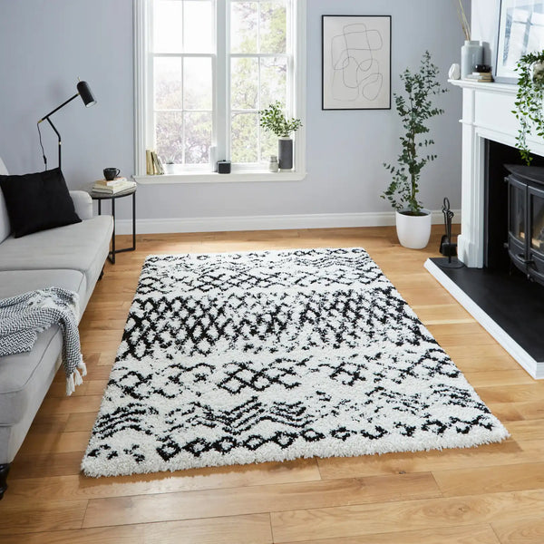 Scandi Lattice White & Black Retro Plush Shag Rug - Image 1