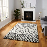 Scandi Linear White & Black Retro Plush Shag Rug - Image 1