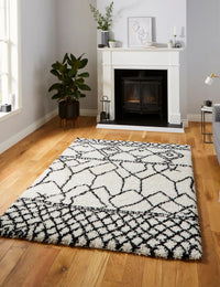 Scandi Linear White & Black Retro Plush Shag Rug - Image 1