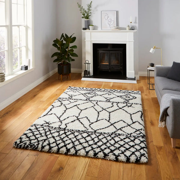 Scandi Linear White & Black Retro Plush Shag Rug - Image 1