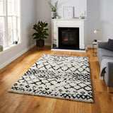 Scandi Trellis White & Black Retro Plush Shag Rug - Image 1