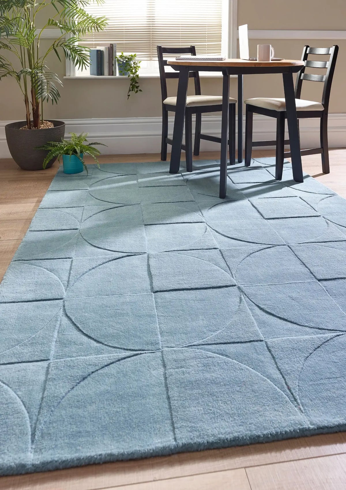 Steel Blue Geometric Hand-Tufted Wool Rug - Image 1