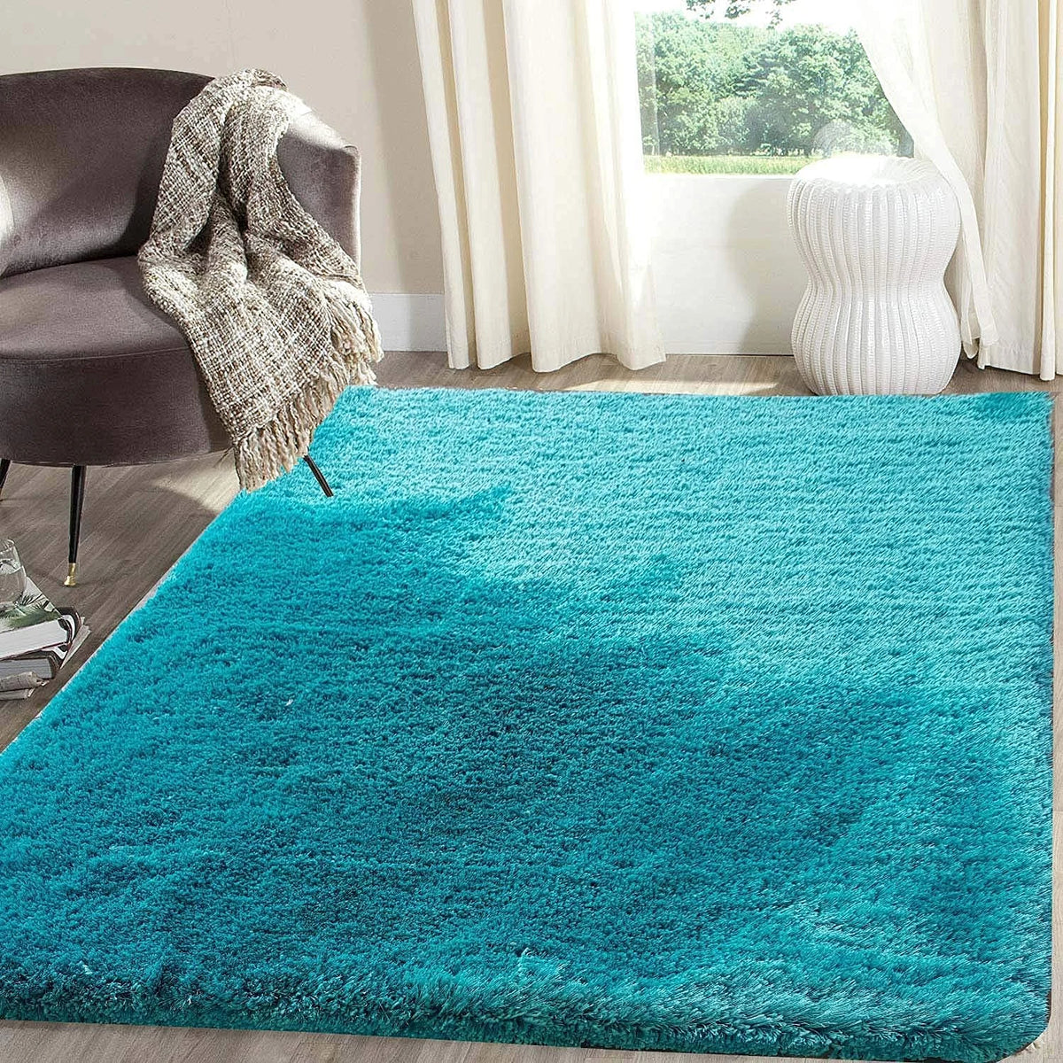 Turquoise Solid Plush Shag Rug - Image 1