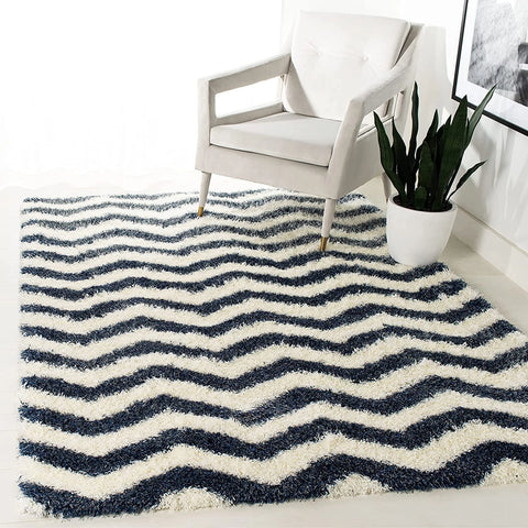 Wave Ivory Navy Modern Plush Shag Rug - Image 1