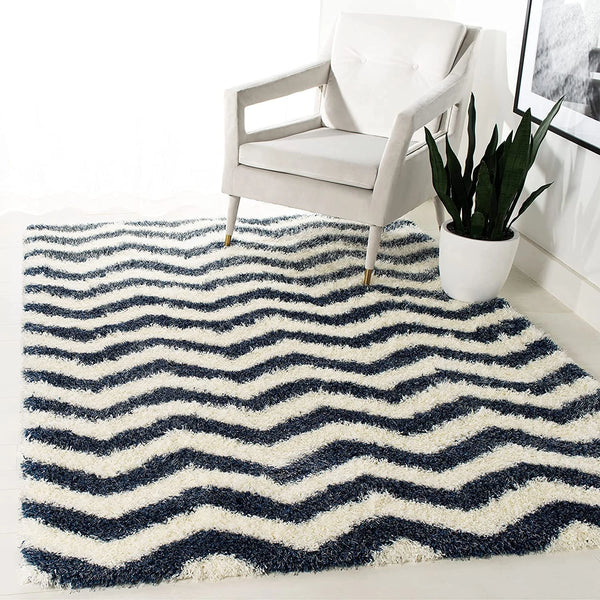 Wave Ivory Navy Modern Plush Shag Rug - Image 1