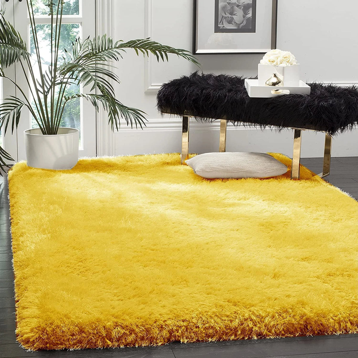 Yellow Solid Plush Shag Rug - Image 1