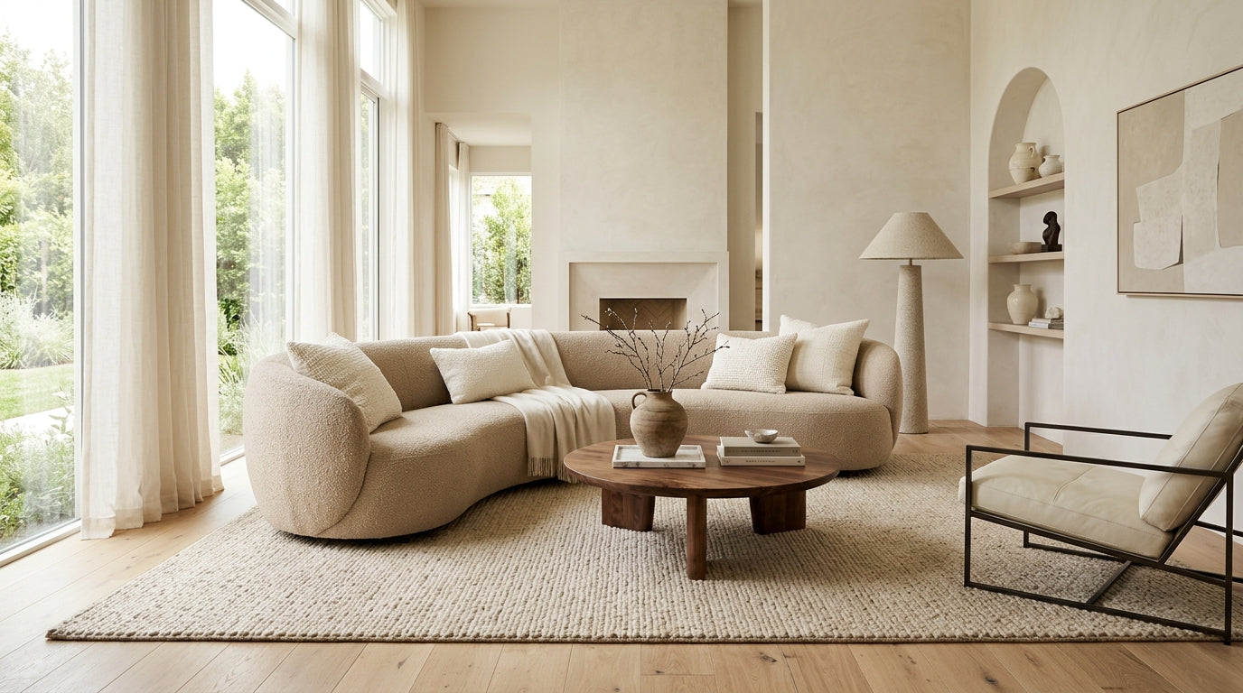 HI-HOMES Custom Handcrafted Rug in Warm Serene Living Room
